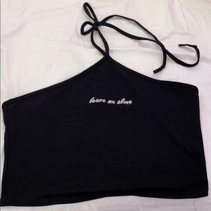 Black with white embroidered leave me alone top